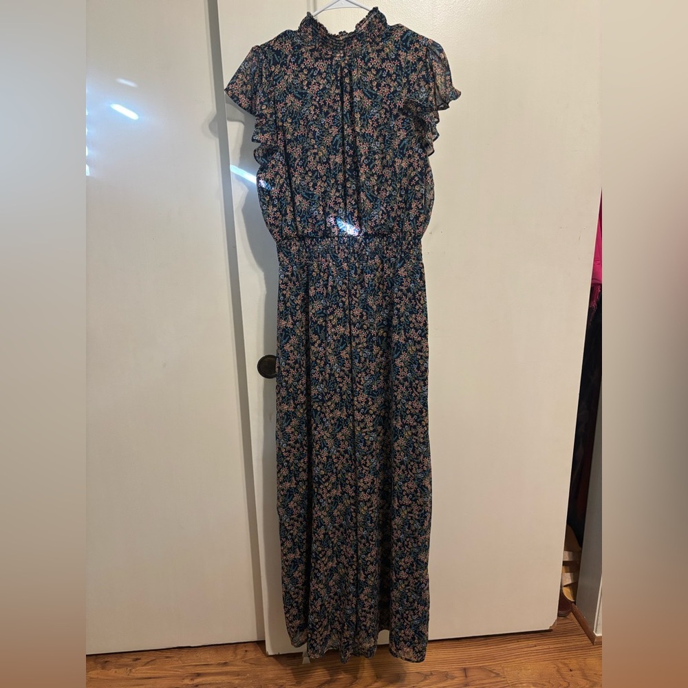 MSK Navy Floral Romper with Ruffle Detail